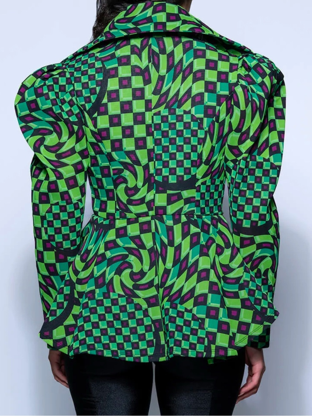 CQ by CQ Optical Checkered Green Puff-Sleeve Peplum Blazer size L Bold Artsy - Picture 3 of 13